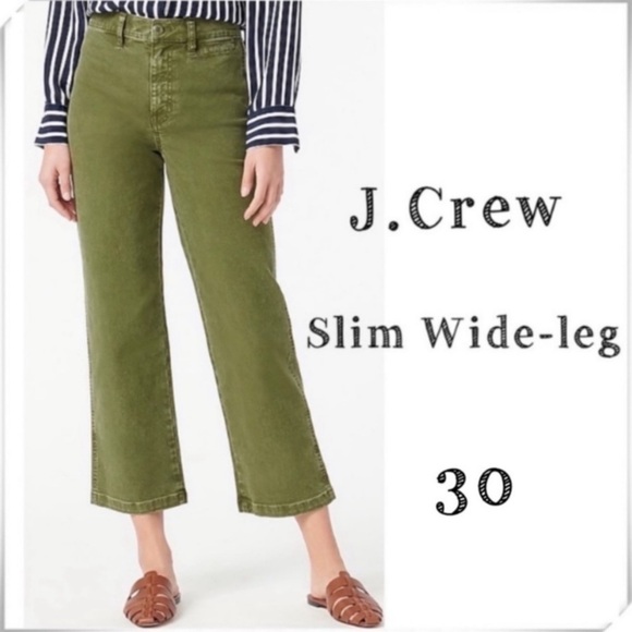 J.CREW High Rise Garment-dyed Slim Wide leg Crop Pants Loden Green Size 30 New - Picture 1 of 8